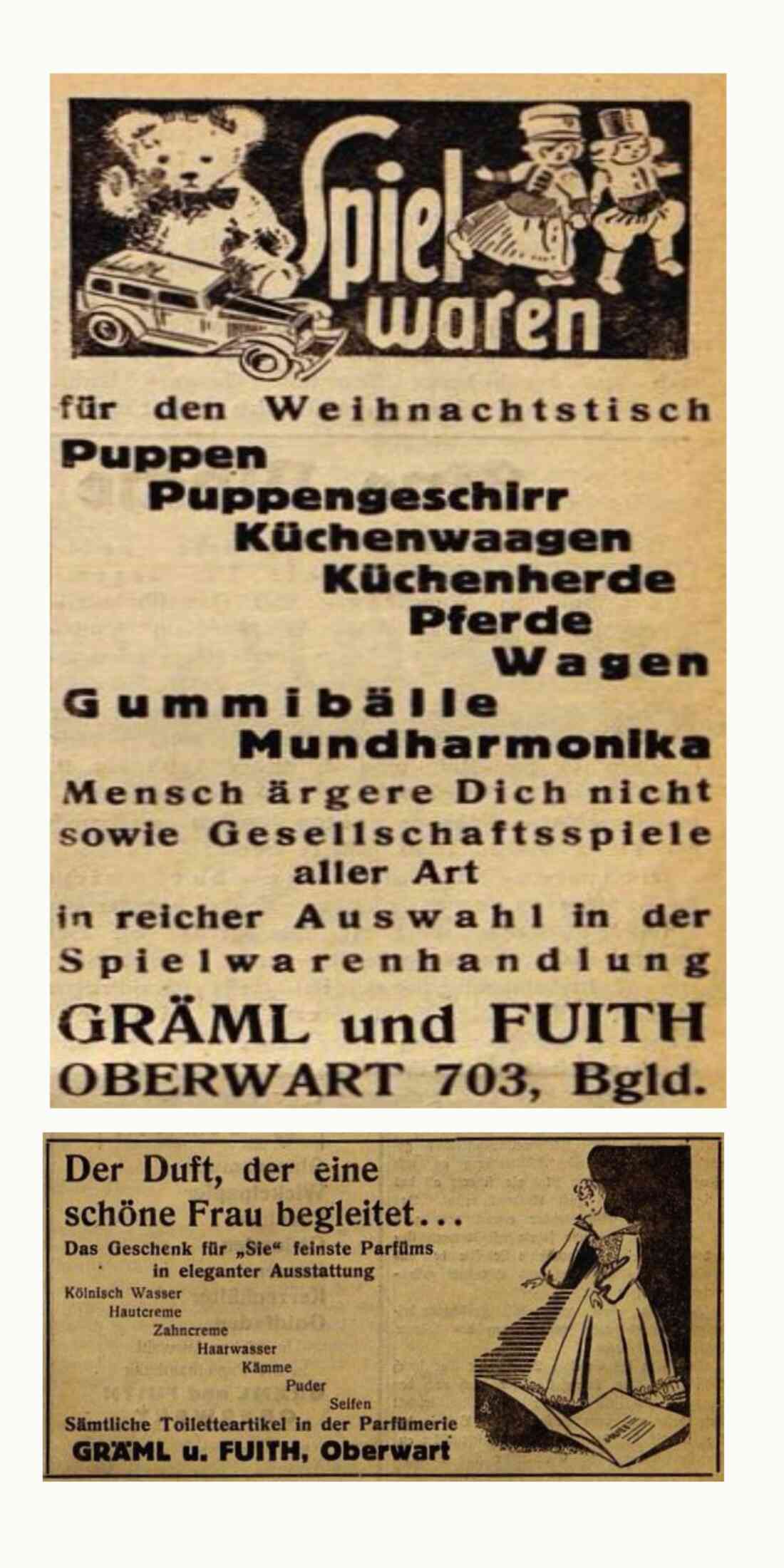 Vielfältiges Angebot der "Druckerei" Gräml und Fuith: Announcen in der Oberwarter  Zeitung vom Dezember 1949