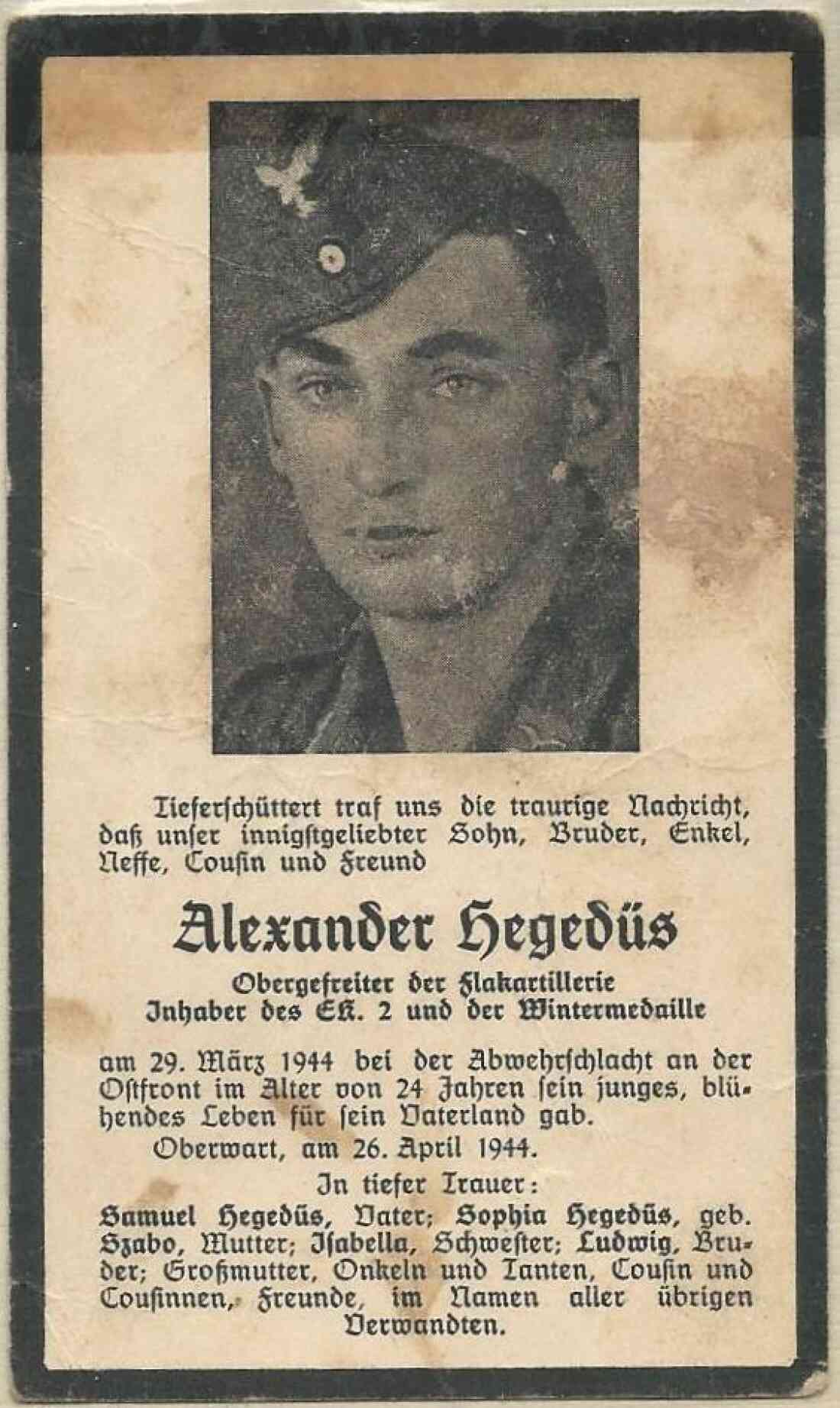 Traueranzeige von Hegedüs Alexander (1920-1944) - Graf Erdödystraße 17