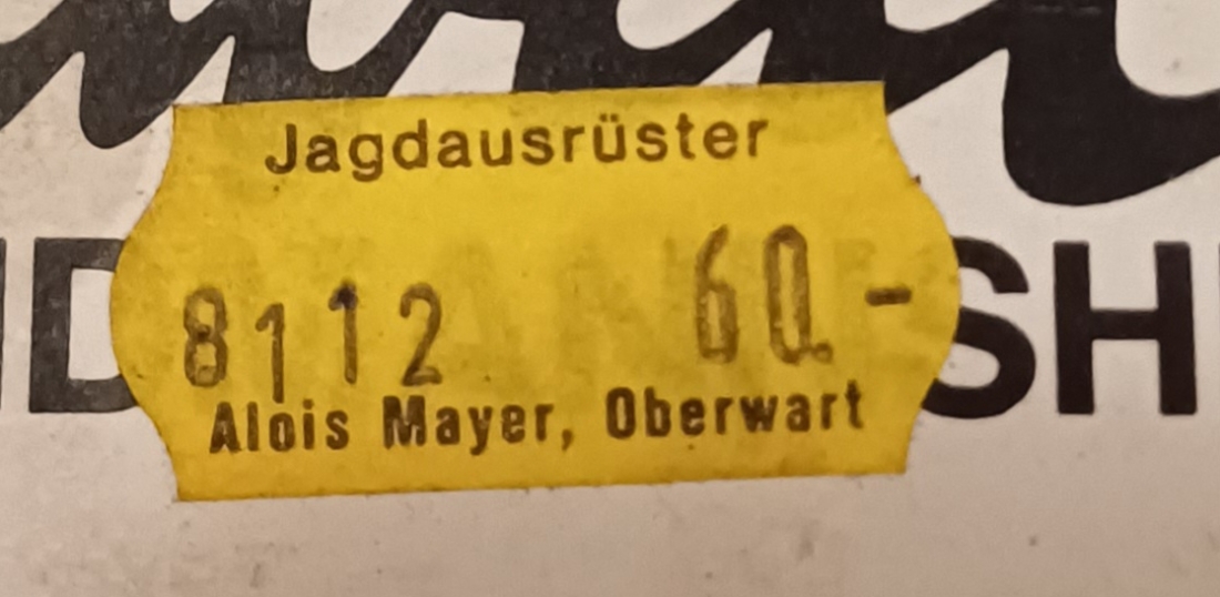 Preisschild von Jagdausrüster Alois Mayer