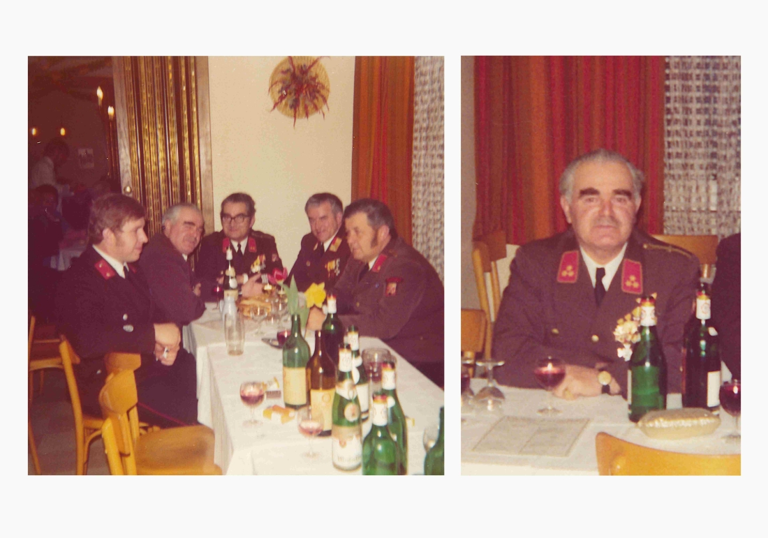 Kommandant Alexander Granich (*1910 /+1991) und weitere Feuerwehrmänner am FF-Ball im Gasthaus Neubauer
