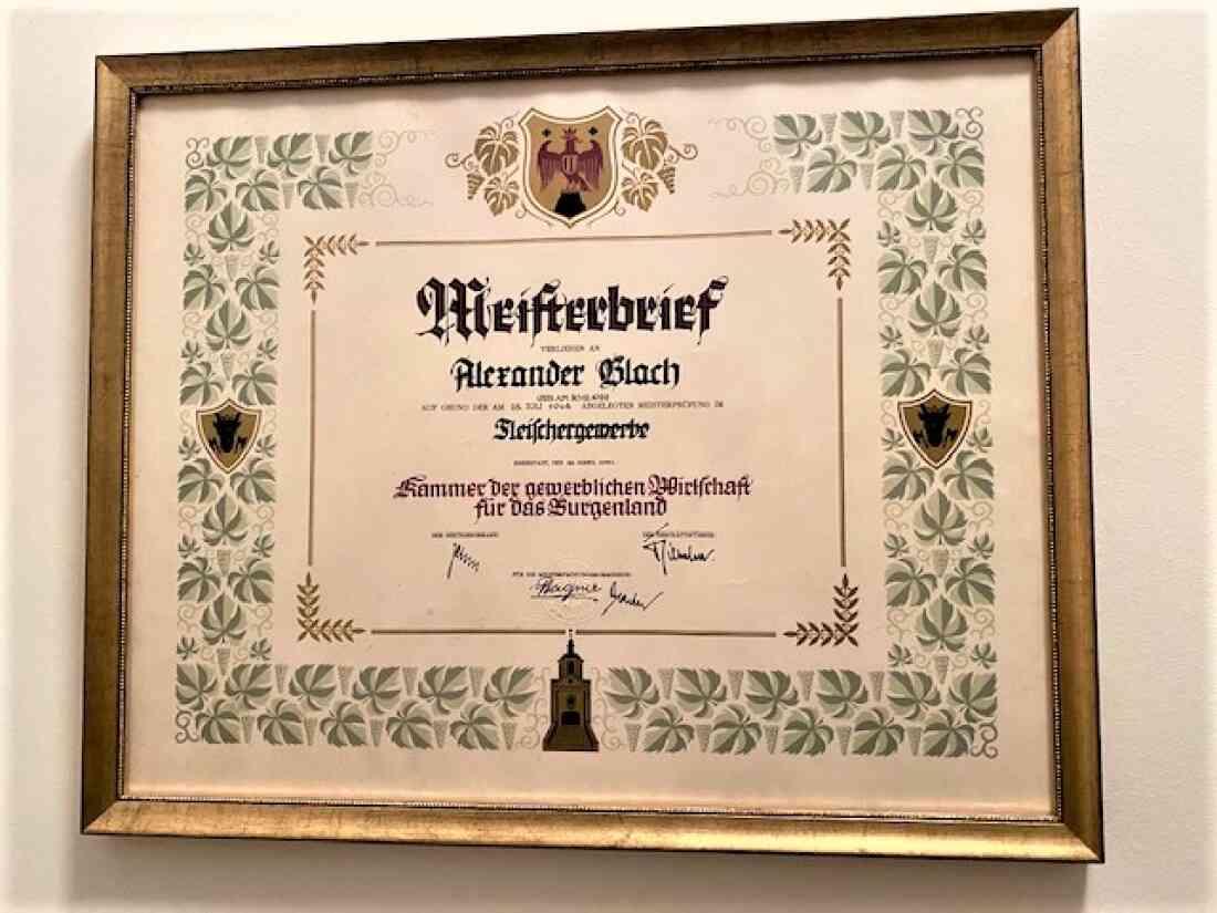 Fleischergewerbe: Meisterbrief von Alexander Blach jun. (*1922/+2012) - Hauptplatz 7