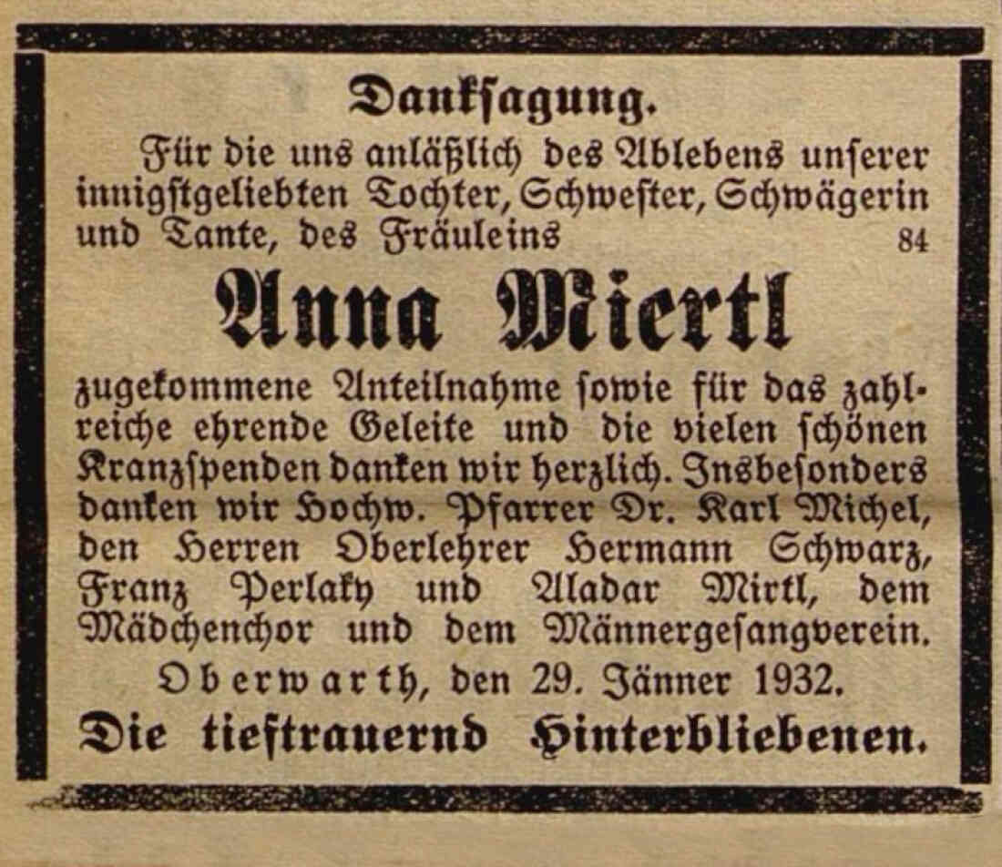 Danksagung anlässlich des Ablebens von Anna Miertl (*1905/+1932) - OW 78 / Am Telek 36 in der Oberwarther Sonntags = Zeitung vom 7. Feber 1932
