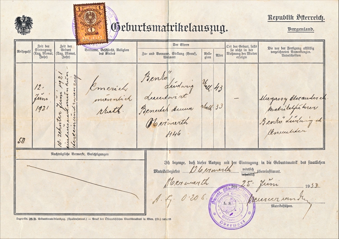 Geburtsmatrikelauszug von Emmerich Benkö (*1921 / +1992; Hausname "Rosner") - Graf Erdödystraße 75