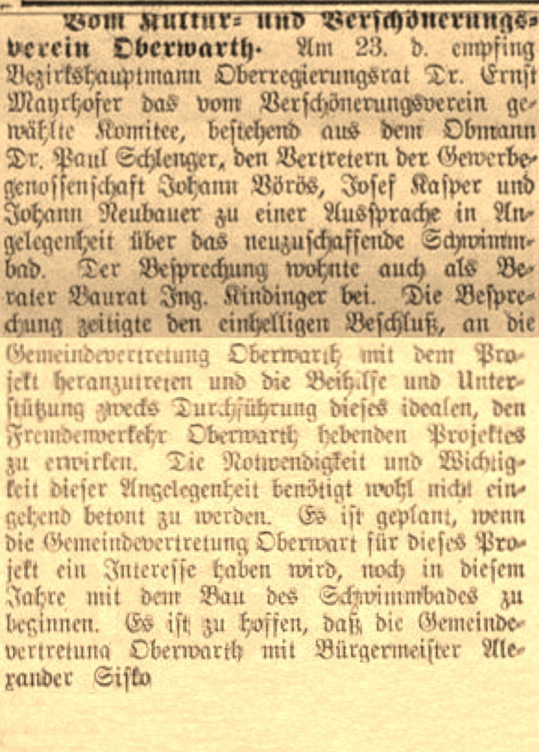 Oberwarther Sonntags-Zeitung vom 2. April 1933: Vorsprache einer Delegation bei BH Mayrhofer zum Zwecke der Erichtung eines Schwimmbades