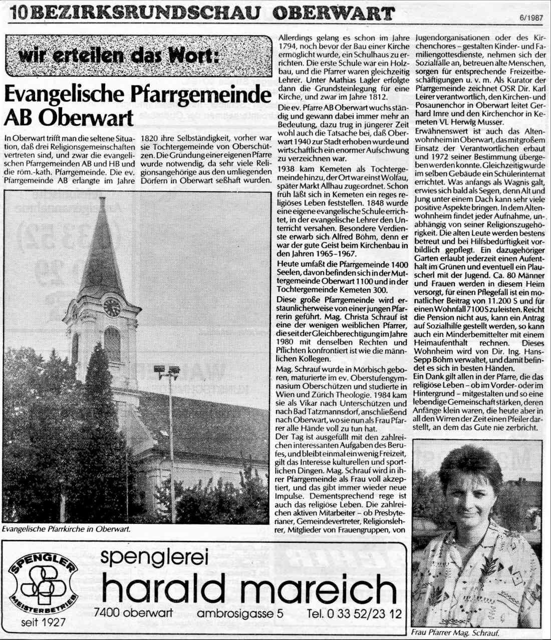 Artikel über die evang. Pfarrgemeinde AB und Pfarrerin Christa Schrauf