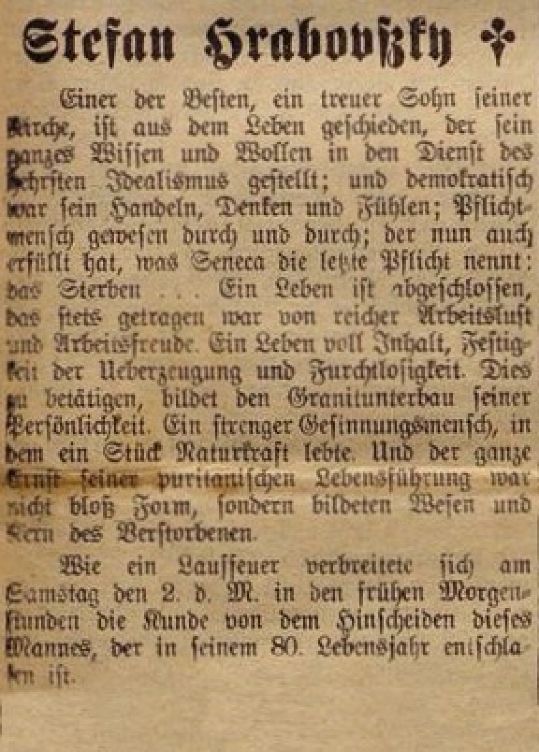 Oberwarther = Sonntagszeitung vom 10. Jänner 1932: Zum Tod des königl. ung. Notars Stefan Hrabovßky (*1851/+1932)