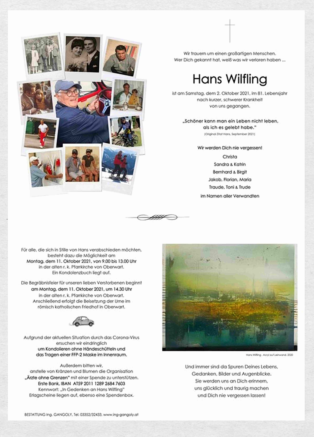 Persönlich und herzlich gestaltete Parte: Hans Wilfling  (*19.01.1941/+02.10.2021)