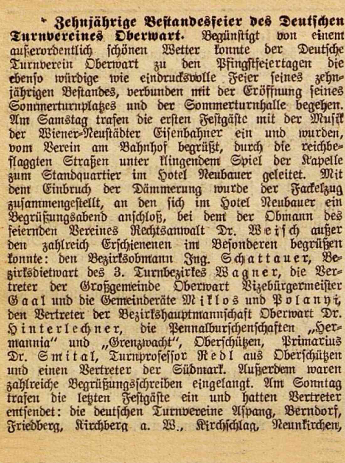 Artikel in der Oberwarther Sonntags-Zeitung vom 22. Mai 1932: Zehnjährige Bestandesfeier des Deutschen Turnvereines Oberwart mit Eröffnung des Sommerturnplatzes und der Sommerturnhalle
