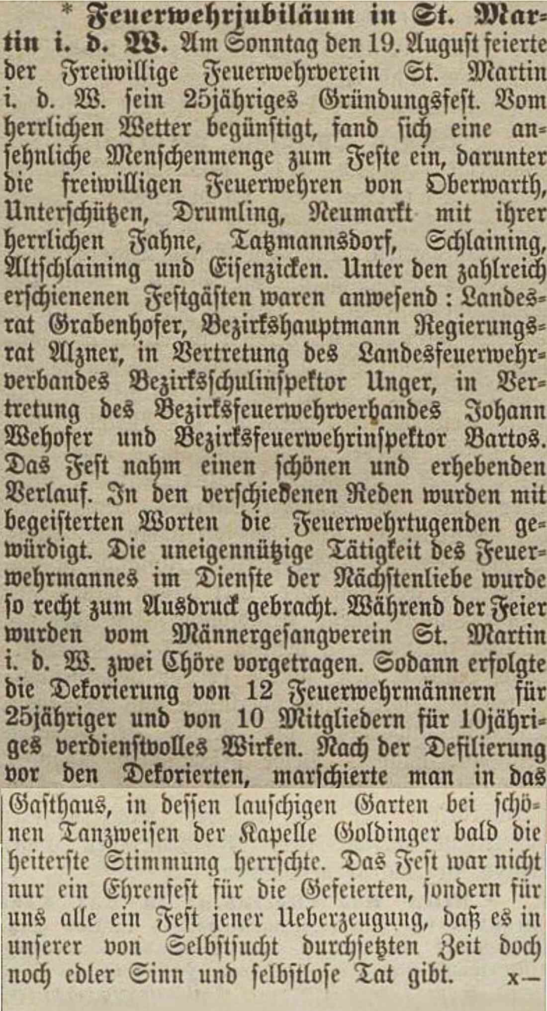 Artikel in der Oberwarther Sonntags-Zeitung vom 26. August 1928: "Feuerwehrjubiläum in St. Martin i. d. W." - 25-jähriges Gründungsfest