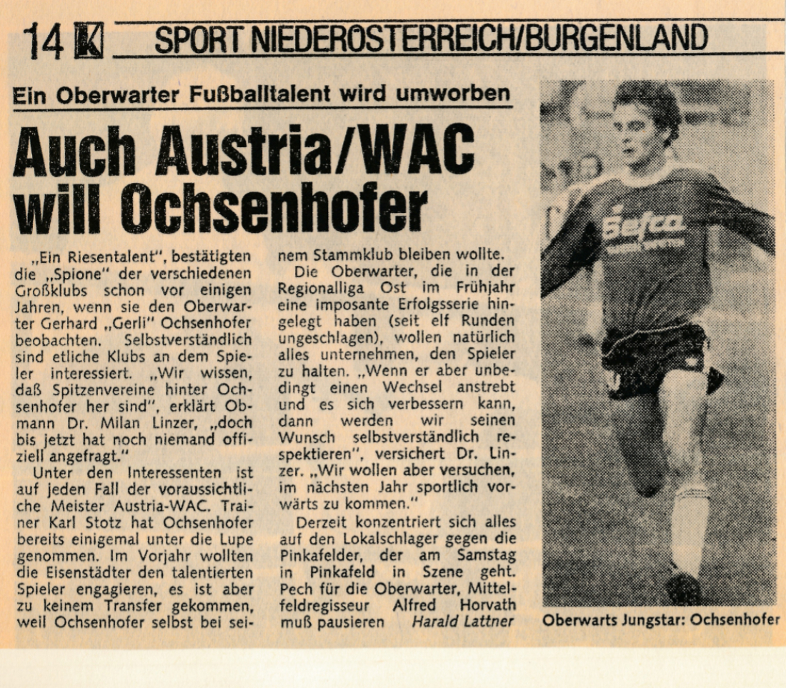 Bericht im Burgenland-Kurier 1976: "Ein Oberwarter Fußballtalent wird umworben - Auch Austria/WAC will Ochsenhofer"