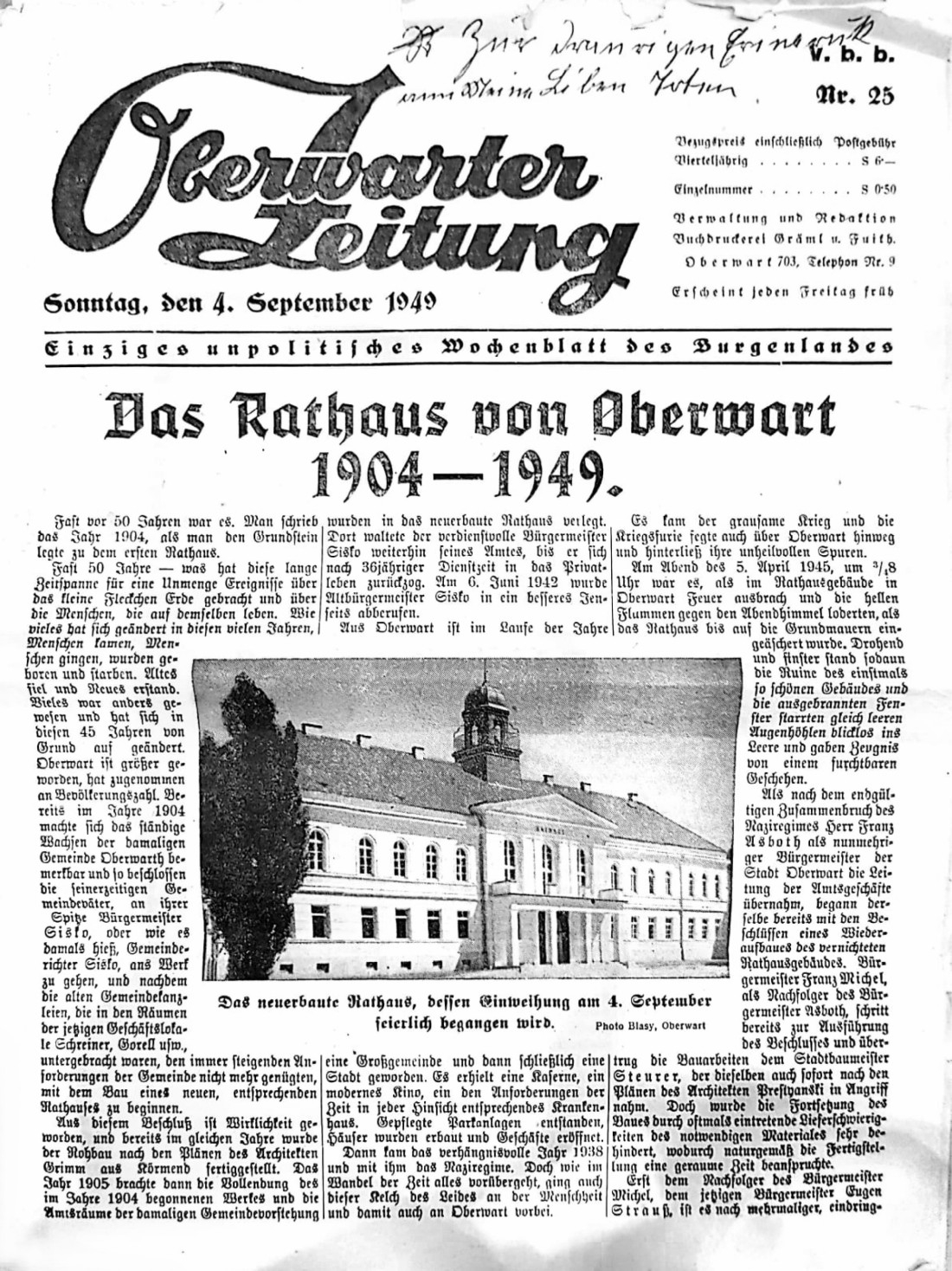 OZ 1949: "Das Rathaus von Oberwart"