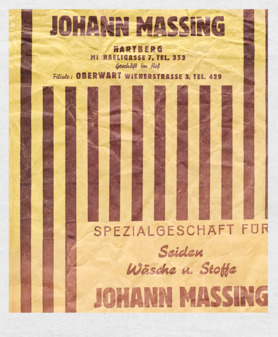 Seiden, Wäsche, Stoffe - Johann Massing (OW 154 / Wienerstraße 3): firmeneigenes Packpapier