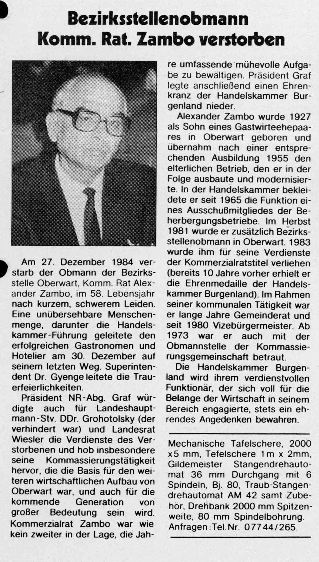 Artikel anlässlich des Ablebens von Komm.Rat Alexander Zambo *1927 / +1984