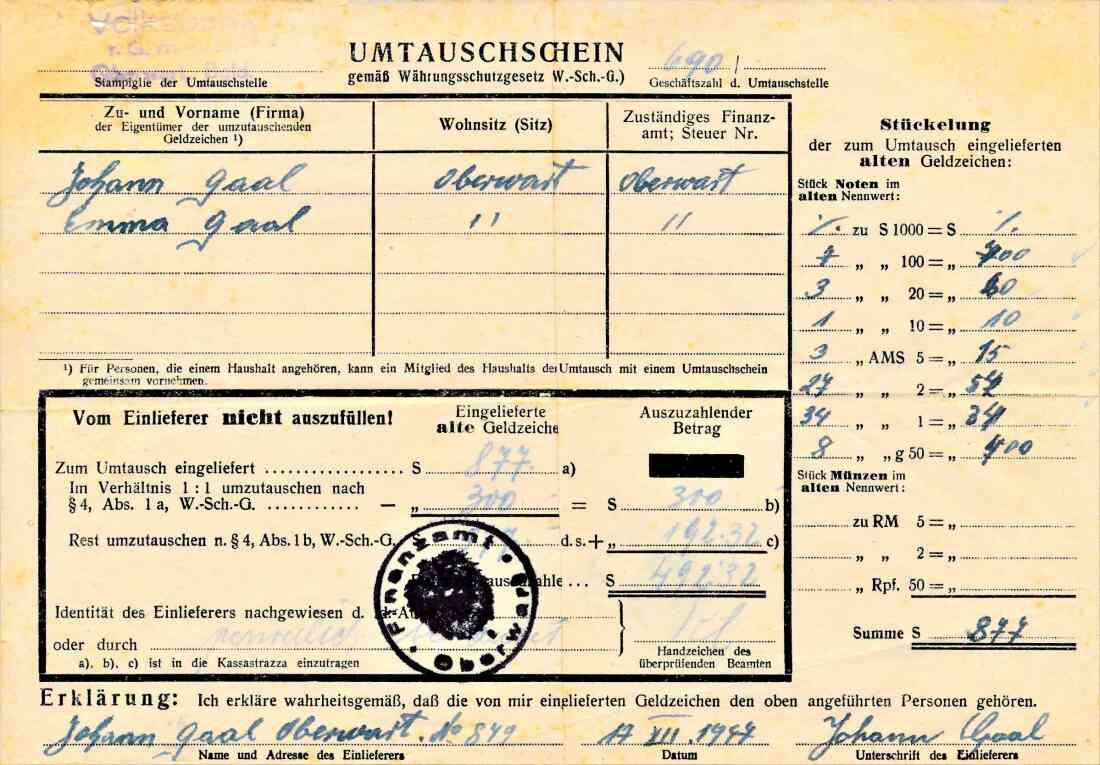 Fam. Johann und Emma Gaal: Umtauschschein gemäß Währungsschutzgesetz