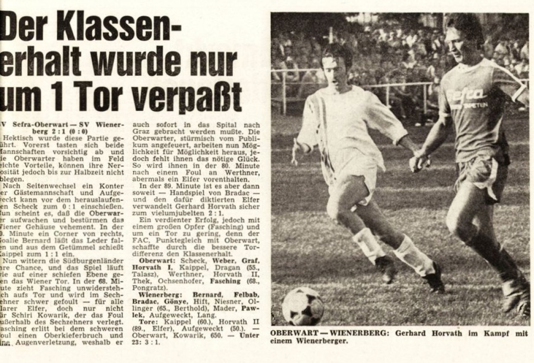 Fußball - SV Sefra Oberwart: Artikel in der BZ vom 27. Juni 1979 "Der Klassenerhalt wurde nur um ein Tor verpaßt" - Abstieg aus der Regionalliga / schwere Verletzung von "Flipper" Gerhard Fasching