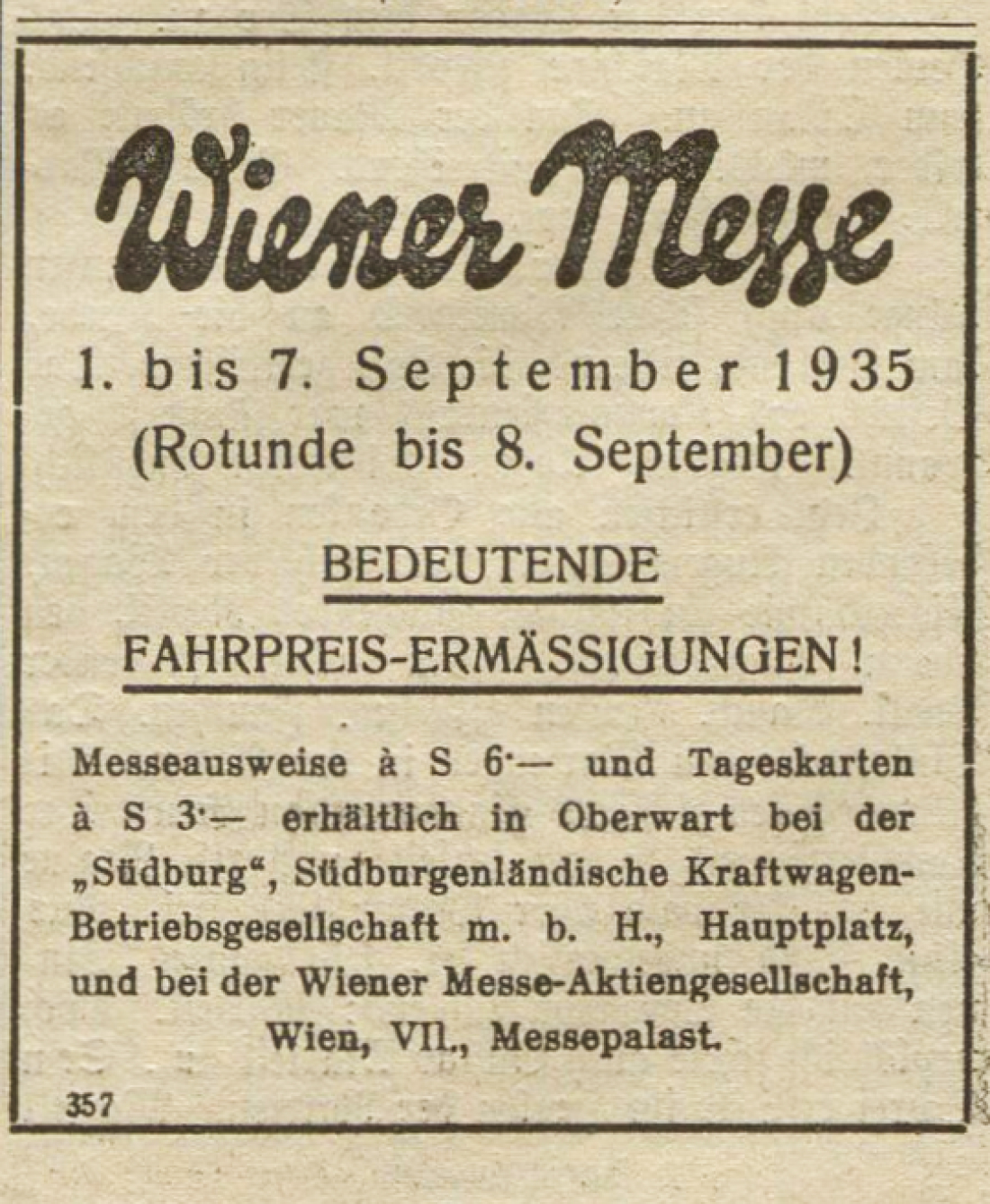 Südburg: Anzeige in der Oberwarther Sonntags = Zeitung vom 4. August 1935 - "Ermäßigte Fahrt zur Wiener Messe"