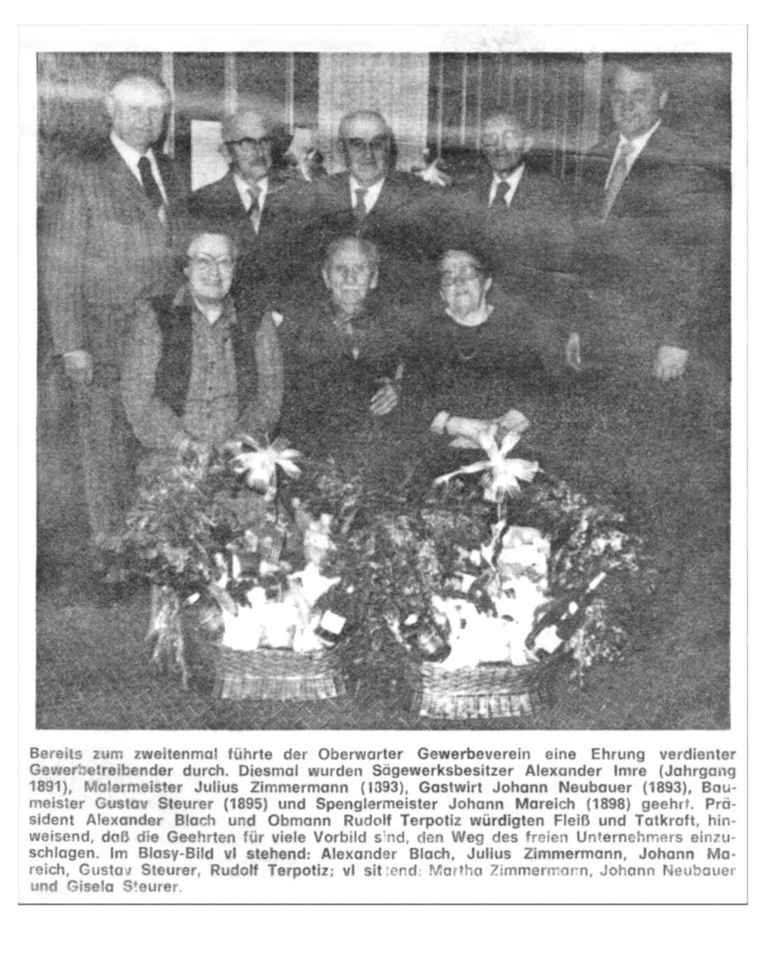 Gewerbeverein: Ehrung der verdienten Mitglieder Imre, Zimmermann, Neubauer, Steurer und Mareich mit Geschenkkörben