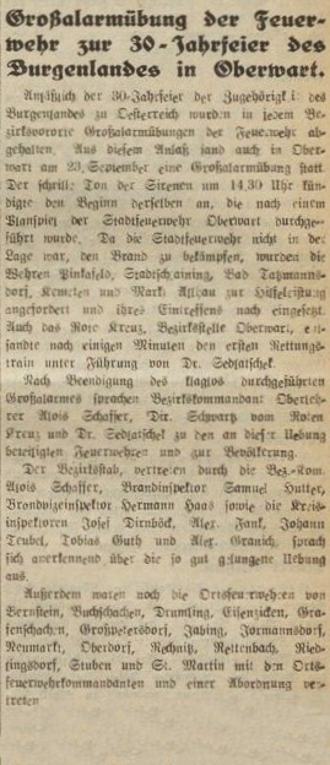 Oberwarter Zeitung vom 7. Oktober 1951: Großalarmübung der Feuerwehr zur 30-Jahrfeier des Burgenlands in Oberwart