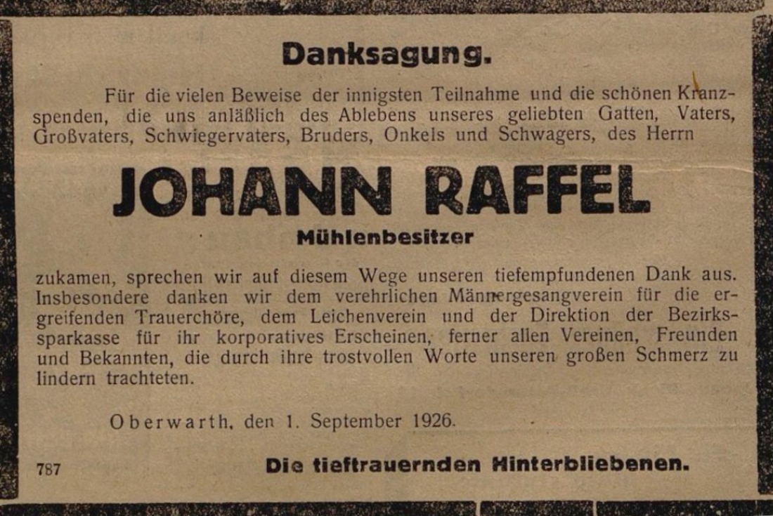 Oberwarther Sonntags = Zeitung vom 5. September 1926 : Danksagung anlässlich des Ablebens von Mühlenbesitzer Johann Raffel (*1866/+1926)