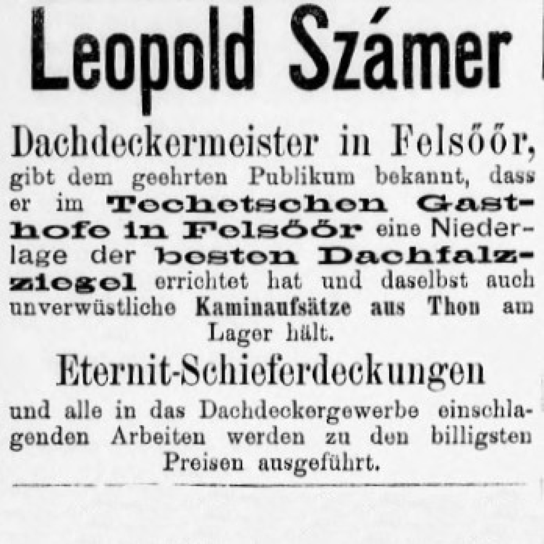 Inserat in der Oberwarther Sonntags-Zeitung vom 15. Mai 1910: Dachdeckermeister Leopold Szamer (auch Samer oder Sammer) - OW142/Steinamangererstraße 1