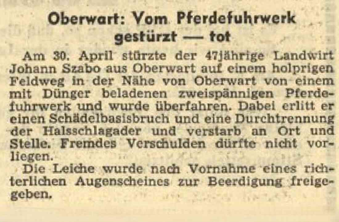 Bericht in der BF vom 5. Mai 1962 über den tragischen Unfalltod von Johann Szabo  (*1915/+1962) - Pinkagasse 24