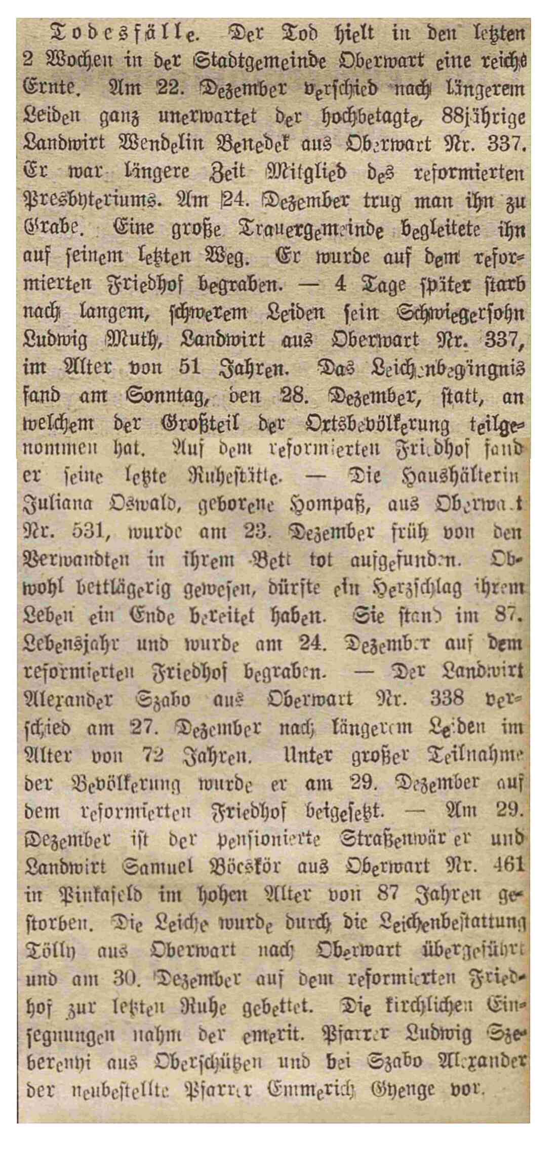 Oberwarter Zeitung vom 11. Jänner 1953: "Reiche Ernte des Todes in der Stadtgemeinde Oberwart"