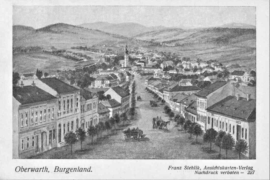 Gemalte Ansichtskarte: Blick entlang der Wienerstraße in Richtung SO - kath. Kirche