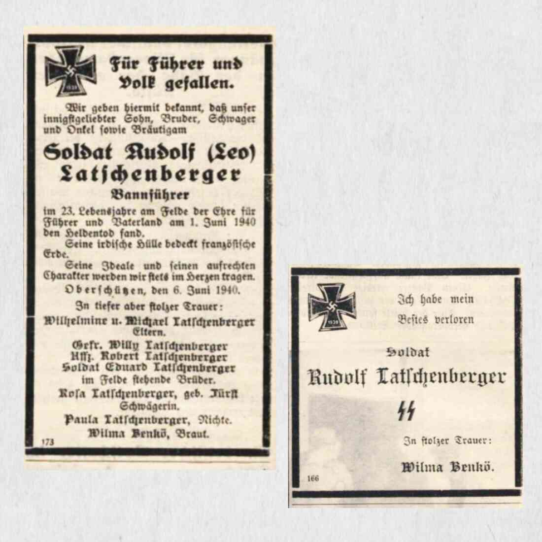 Oberwarther Sonntags-Zeitung vom Juni 1940: Rudolf Latschenberger (*~1917/+1940) - 1. Todesanzeige für einen Soldaten des II. Weltkriegs in dieser Zeitung