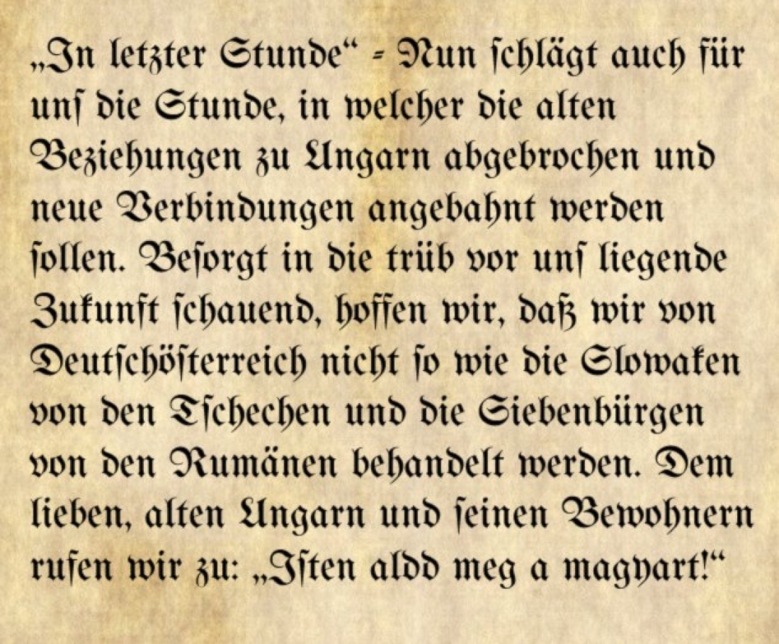 Leitartikel in der Oberwarther Sonntags-Zeitung vom 28. August 1921: „Anschluss Westungarns an Österreich“ in der Zeit des Leithabanats (Lajtabánság ung. oder Leitha-Banschaft) - „Isten áldd meg a magyart“! (Gott segne die Ungarn)