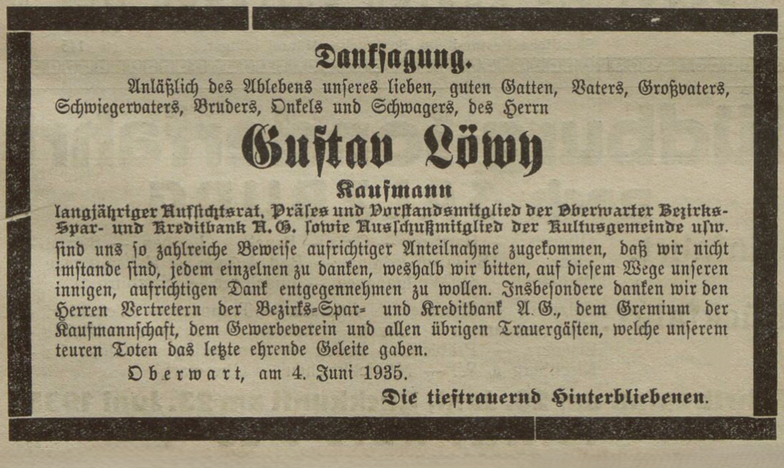 Jüdische Gemeinde: Danksagung anlässlich des Ablebens von Gustav Löwy, Kaufmann in der Oberwarther Sonntags = Zeitung vom 9. Juni 1935