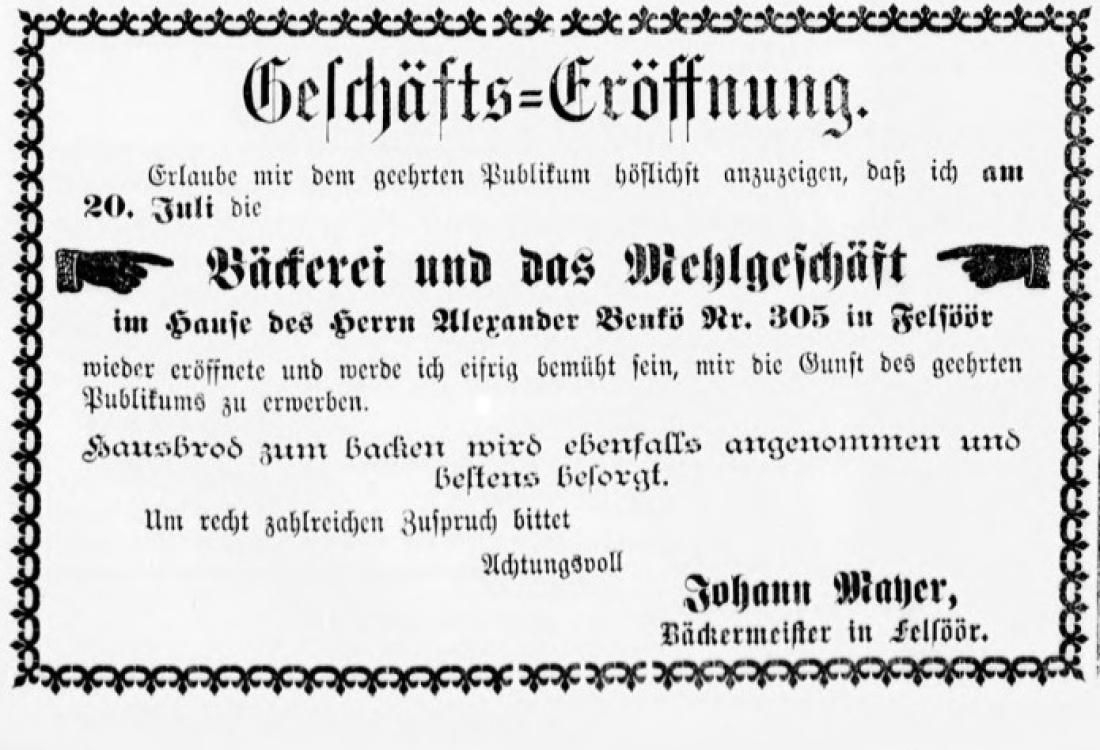 Anzeige in der Oberwarther Sonntagszeitung vom 24. Juli 1910: Geschäftseröffnung - Bäckerei und Mehlgeschäft durch Johann Mayer - OW 305/Grazerstraße 38