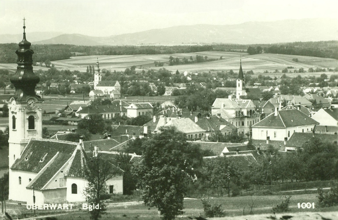 Ansichtskarte: Oberwart, Bgld - Blick über die drei Kirchen und die Synagoge
