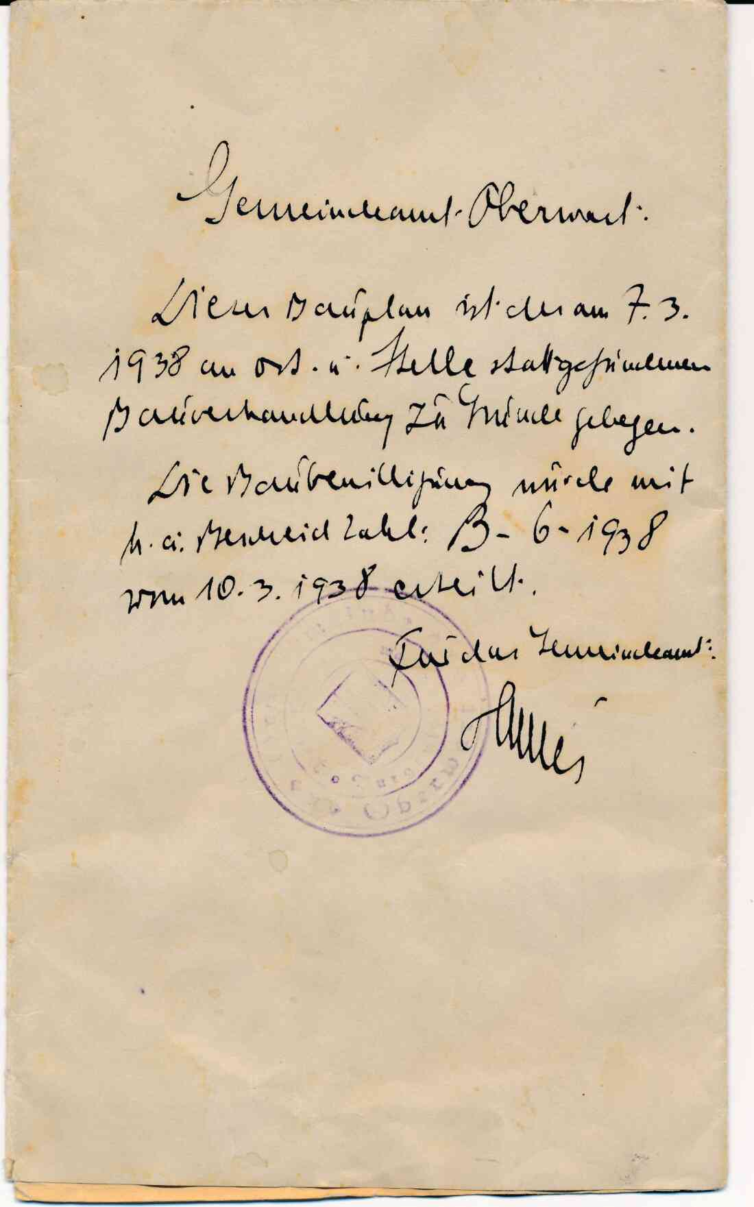 Bestätigung auf dem Einreichplan des Johann Gaal über die stattgefundene Bauverhandlung (Am Telek 92)