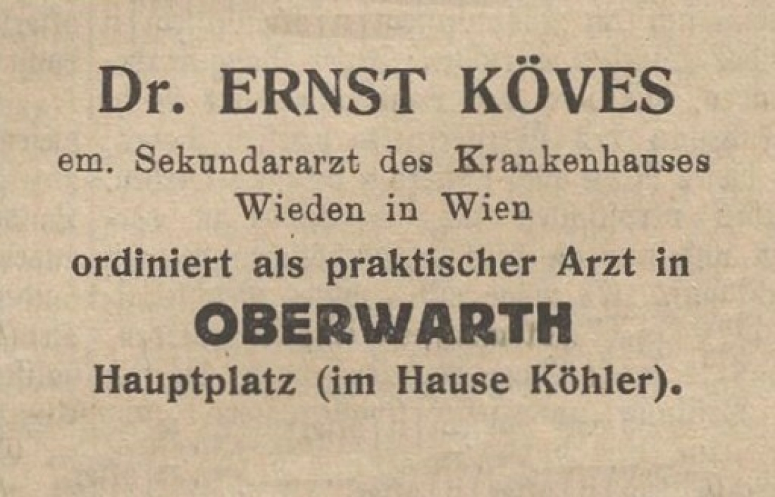 Inserat in der Oberwarther = Sonntagszeitung vom 15. Mai 1925 zur Eröffnung der Ordination von Dr. Ernst Köves - Jüdische gemeinde