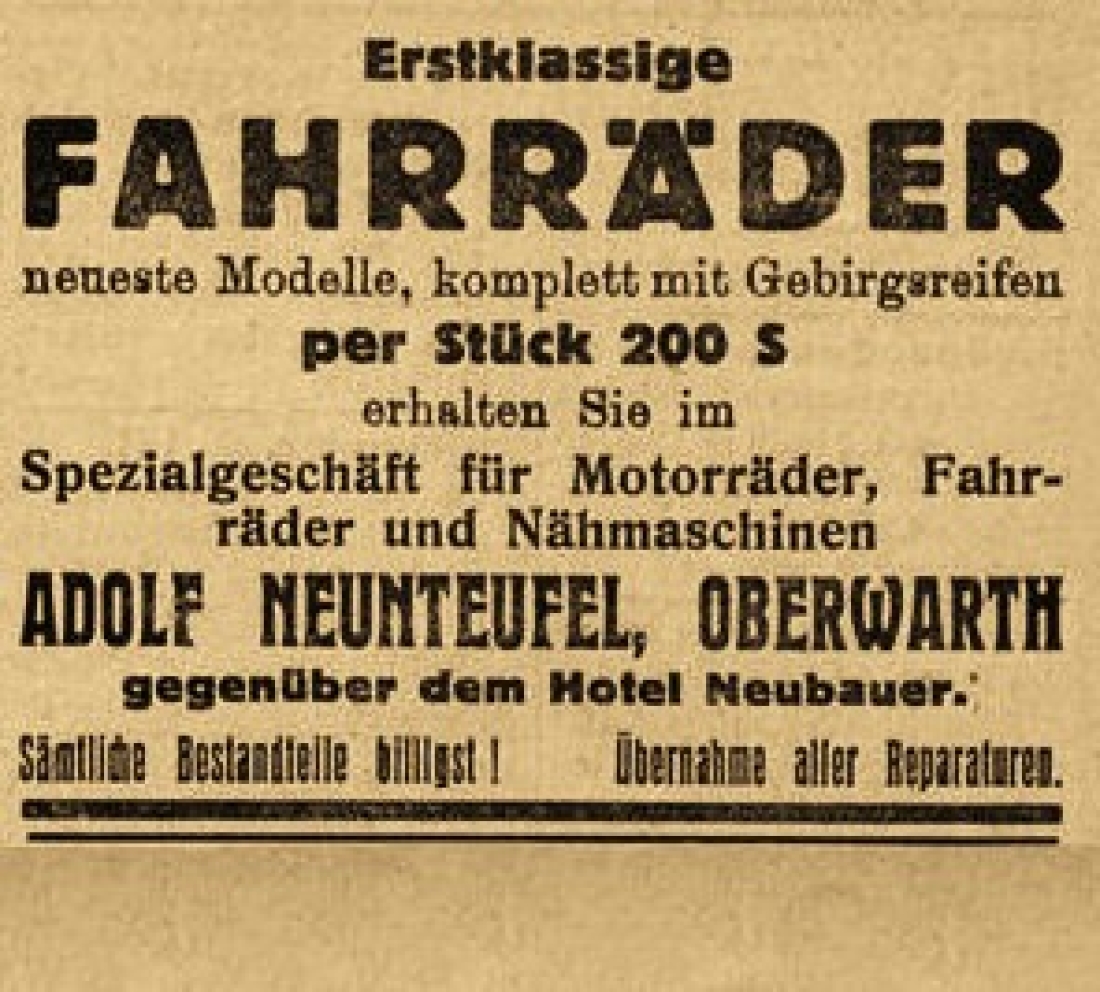 Announce in der Oberwarther Sonntags-Zeitung vom 7. März 1926: Fahrräder der Fa. Adolf Neunteufel