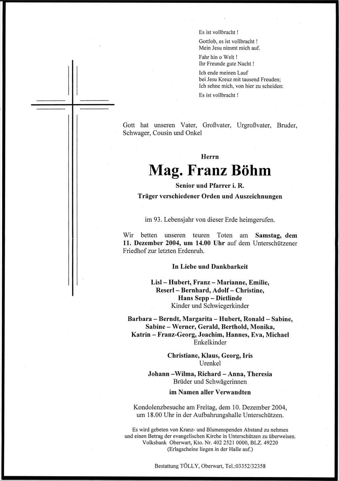 Evang. Pfarrgemeinde AB: Parte von Pfarrer Franz Böhm *1912 /+2004