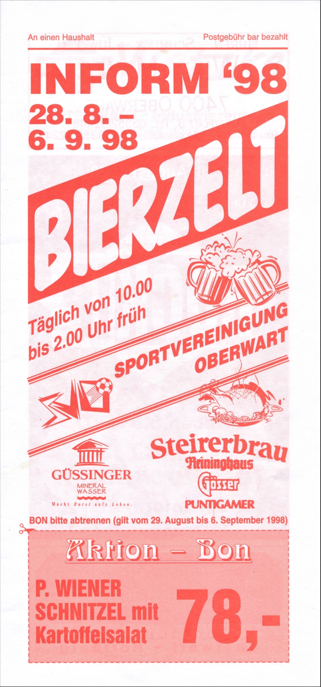 Inform 1998: Deckblatt des Werbefolders für das Bierzelt