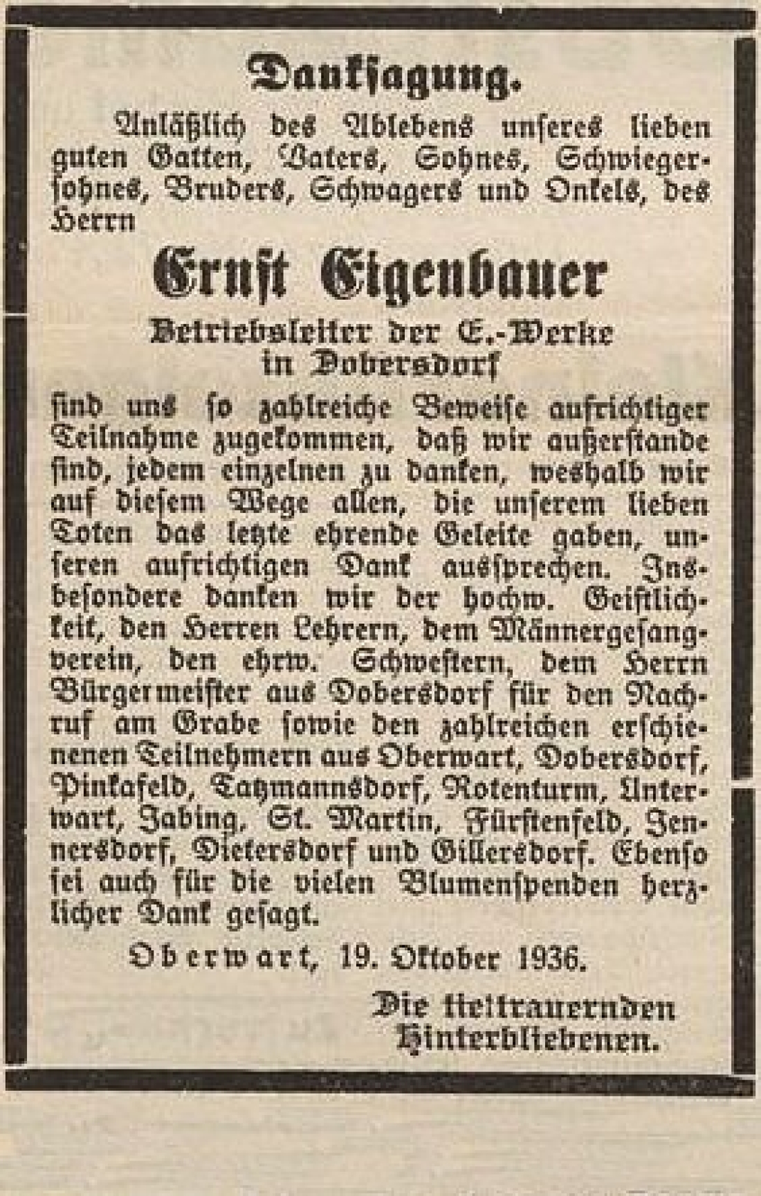 Oberwarther = Sonntagszeitung vom 25. Oktober 1936: Danksagung anlässlich des Ablebens von Ernst Eigenbauer (Betriebsleiter, *1898/+1936)
