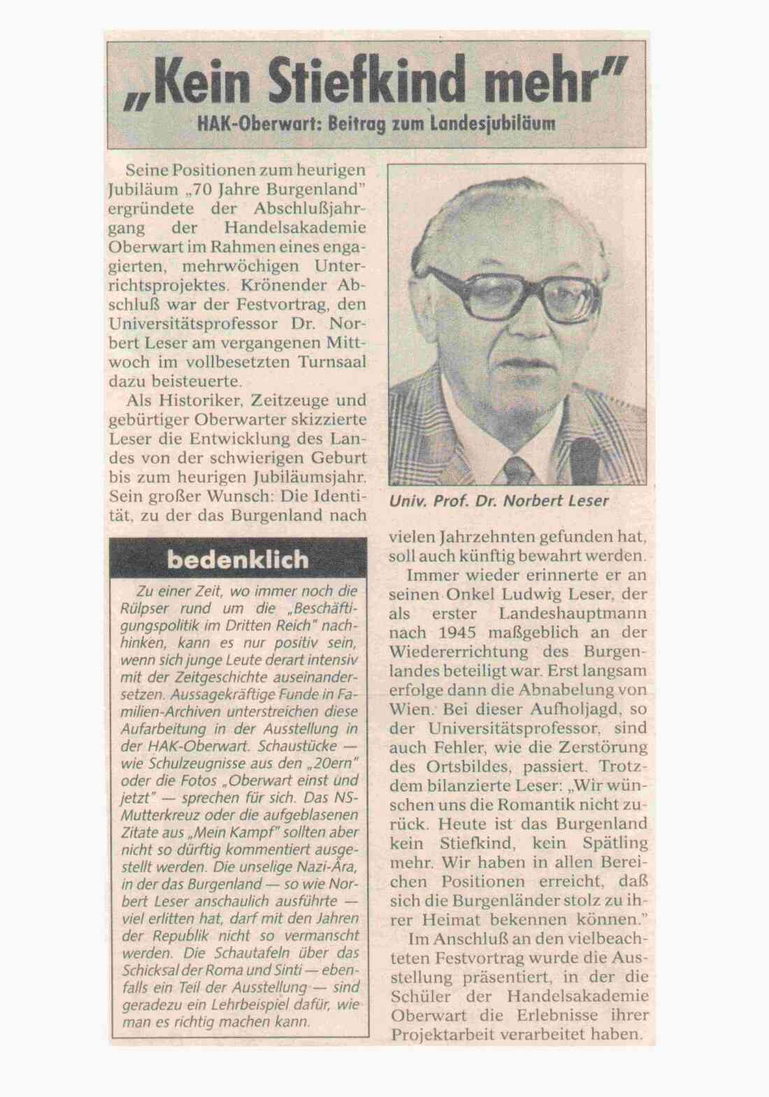 Artikel zum Vortrag von Dr. Norbert Leser (Absolvent der HAK Oberwart) anlässlich der Jubiläumsveranstaltung 70 Jahre Burgenland