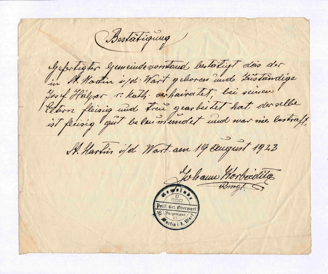 St. Martin: Leumundszeugnis - Bestätigung für Josef Halper (*1895/+1971)