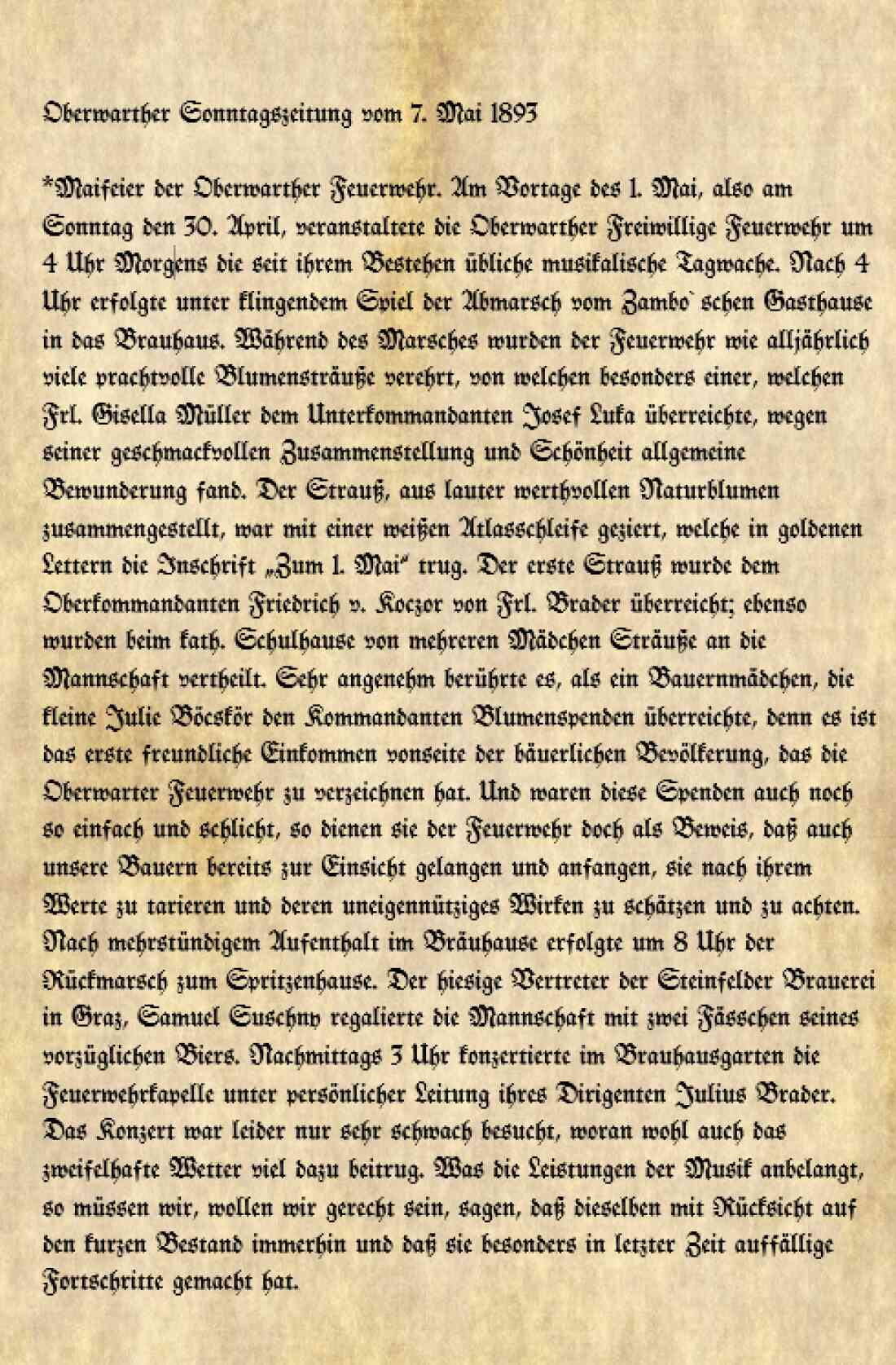 Artikel in der Oberwarther Sonntags-Zeitung über den Marsch der Freiwilligen Feuerwehr zum 1. Mai