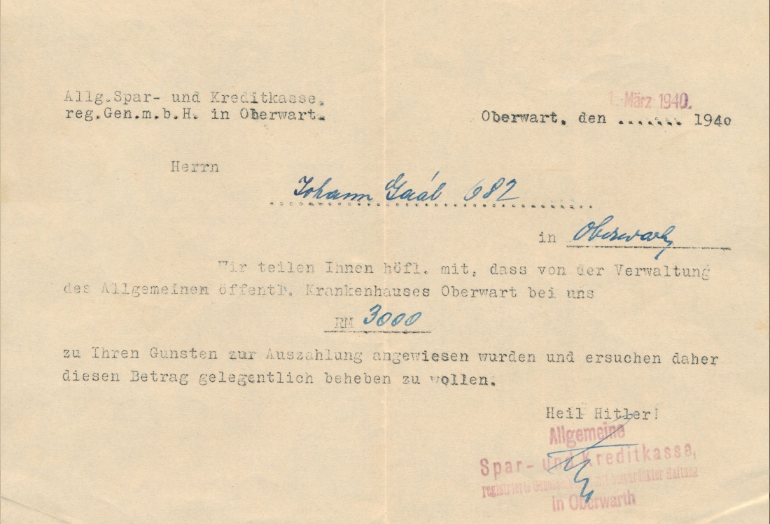 Hr. Johann (Janos) Gaal Oberwart OW 682 / Steinamangererstraße 76: Aufforderung der Sparkasse zur Geldbehebung als Lohnfuhrwerker
