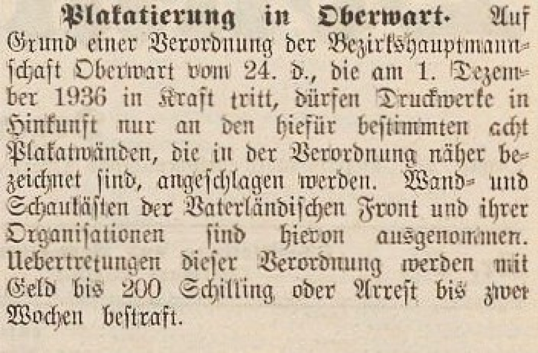 Kurzberich in der Oberwarther = Sonntagszeitung vom 29. November 1936: Plakatierung in Oberwart