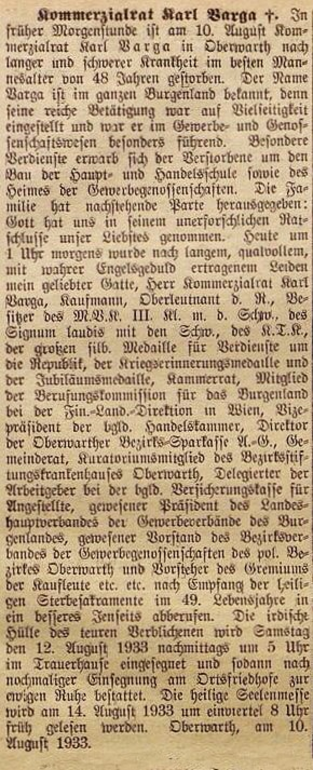 Artikel in der Oberwarther Sonntags = Zeitung vom 13. August 1933 zum Ableben von KR Karl Varga (*1885/+1933)