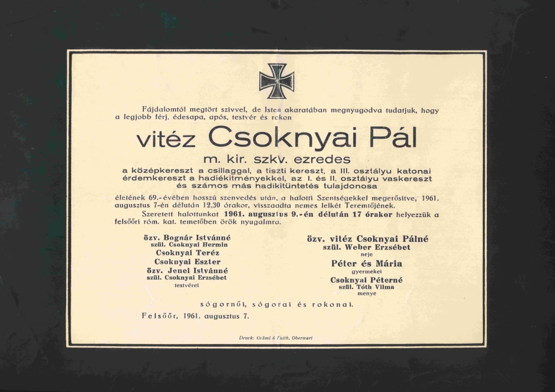 Röm. kath. Pfarre: Begräbnis Paul v. Csoknyai (*1892/+1961) - Parte