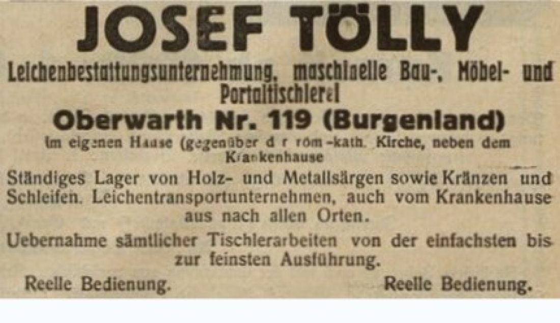 Announce in der Oberwarther = Sonntagszeitung vom  6. Jänner 1929: Josef Tölly - Leichenbestatter, maschinelle Bau-, Möbel- und Portaltischlerei (OW 119b / Steinamangererstraße 12)
