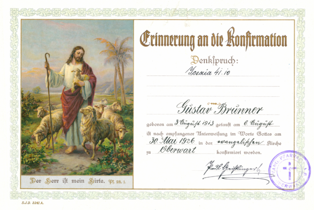Evang. Pfarre AB: Erinnerungsblatt  an die Konfirmation von Gustav Brunner (*1913/+1943, gefallen imII. WK) - OW 220 / Raimundgasse 21 aus dem Jahr 1926