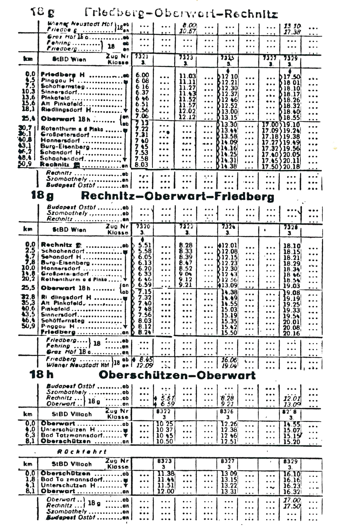 Fahrplan der Bahnlinien Friedberg-Oberwart-Rechnitz und Oberwart-Oberschützen gültig ab 7. Okt. 1946