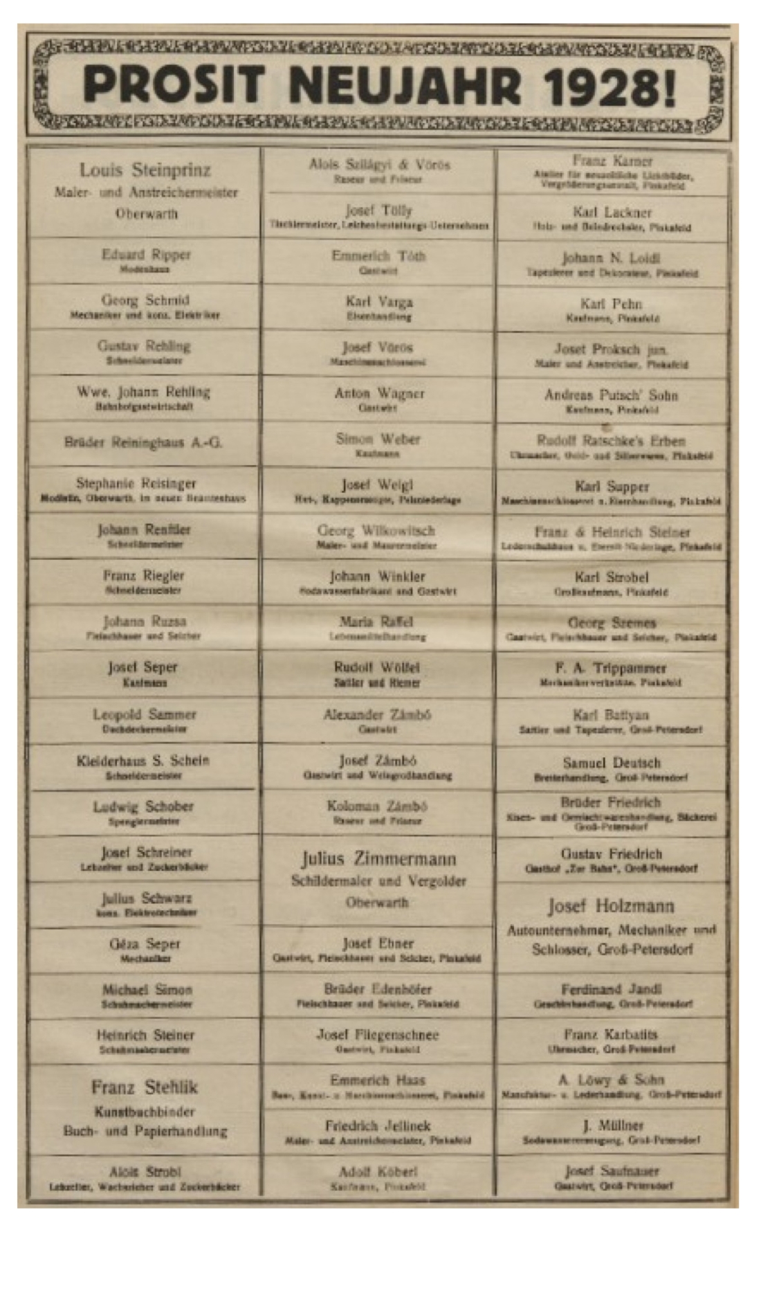 Neujahrswünsche von Oberwarther Firmen in der Oberwarther Sonntags = Zeitung vom 1. Jänner 1928 - 2