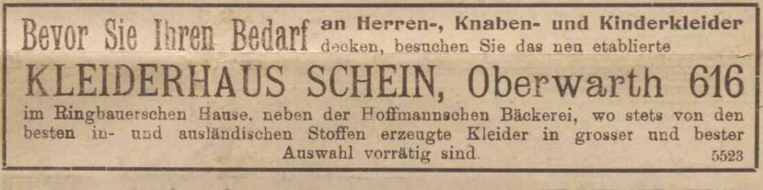 Inserat in der Oberwarther Sonntags-Zeitung vom 8. Oktober 1922: Kleiderhaus Schein - OW 616 / Reichlgasse 6